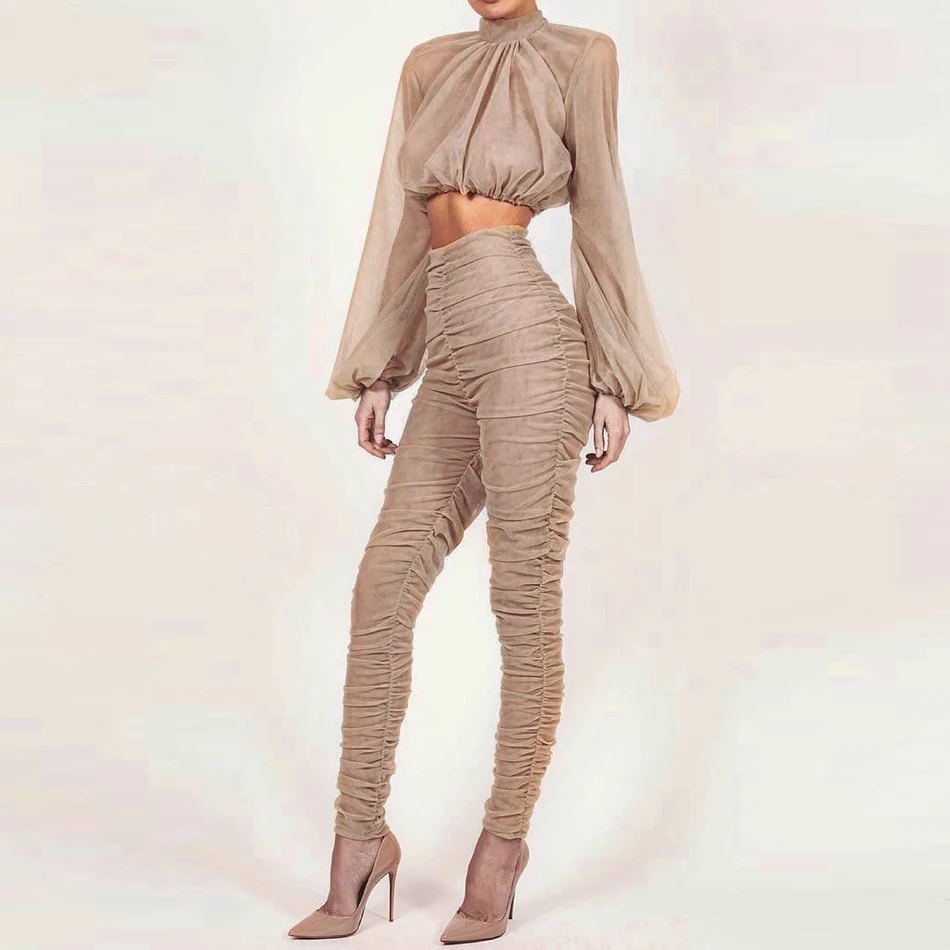 Женский облегающий костюм с длинным рукавом кружевной из двух предметов в стиле