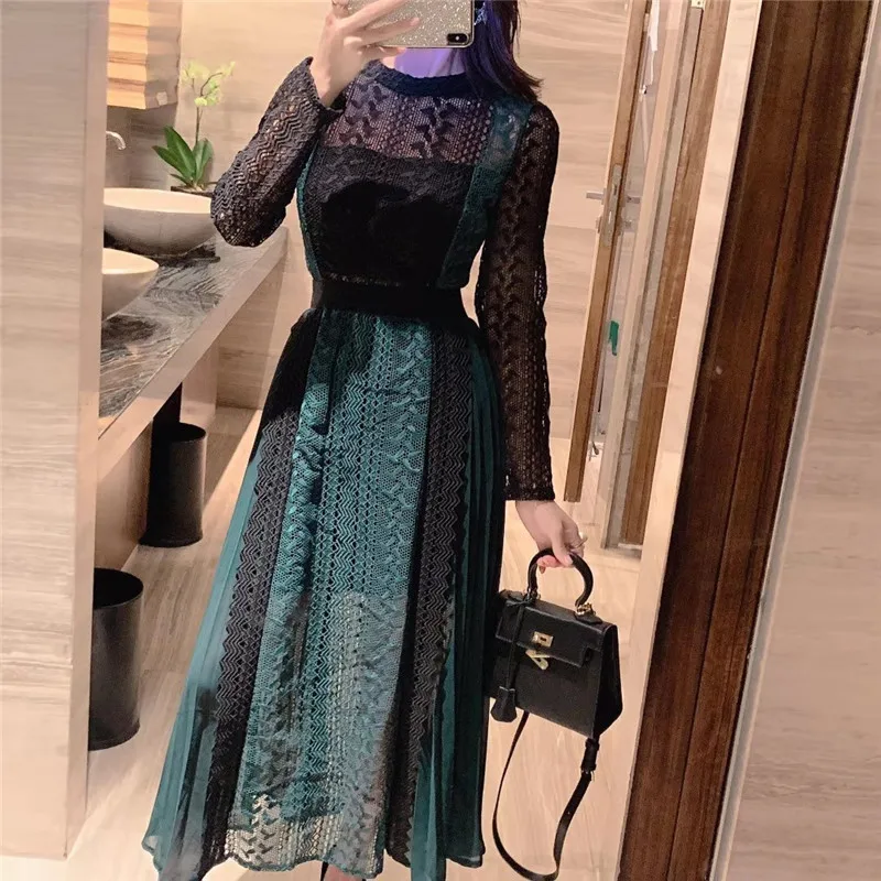 Женское шифоновое плиссированное платье с длинным рукавом длинное ажурное в