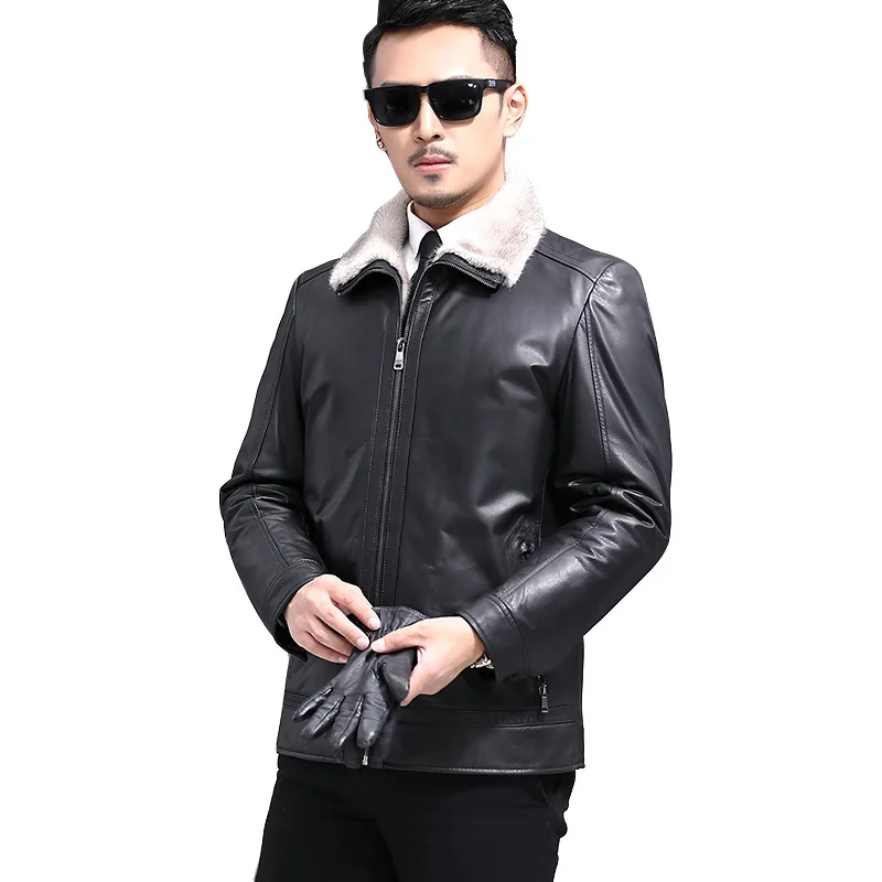 

New winter men's leather clothing fur cowhide mink liner stand lapel mink leisure business