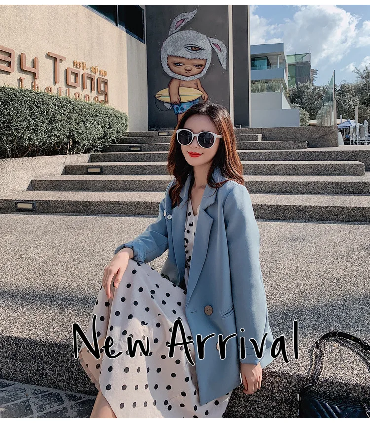 

Women Elegant Fashion Double Breasted Black Blazer Jacket Spring Autumn New Lady Korean Style Slim Casual Blue Suit Coat C217