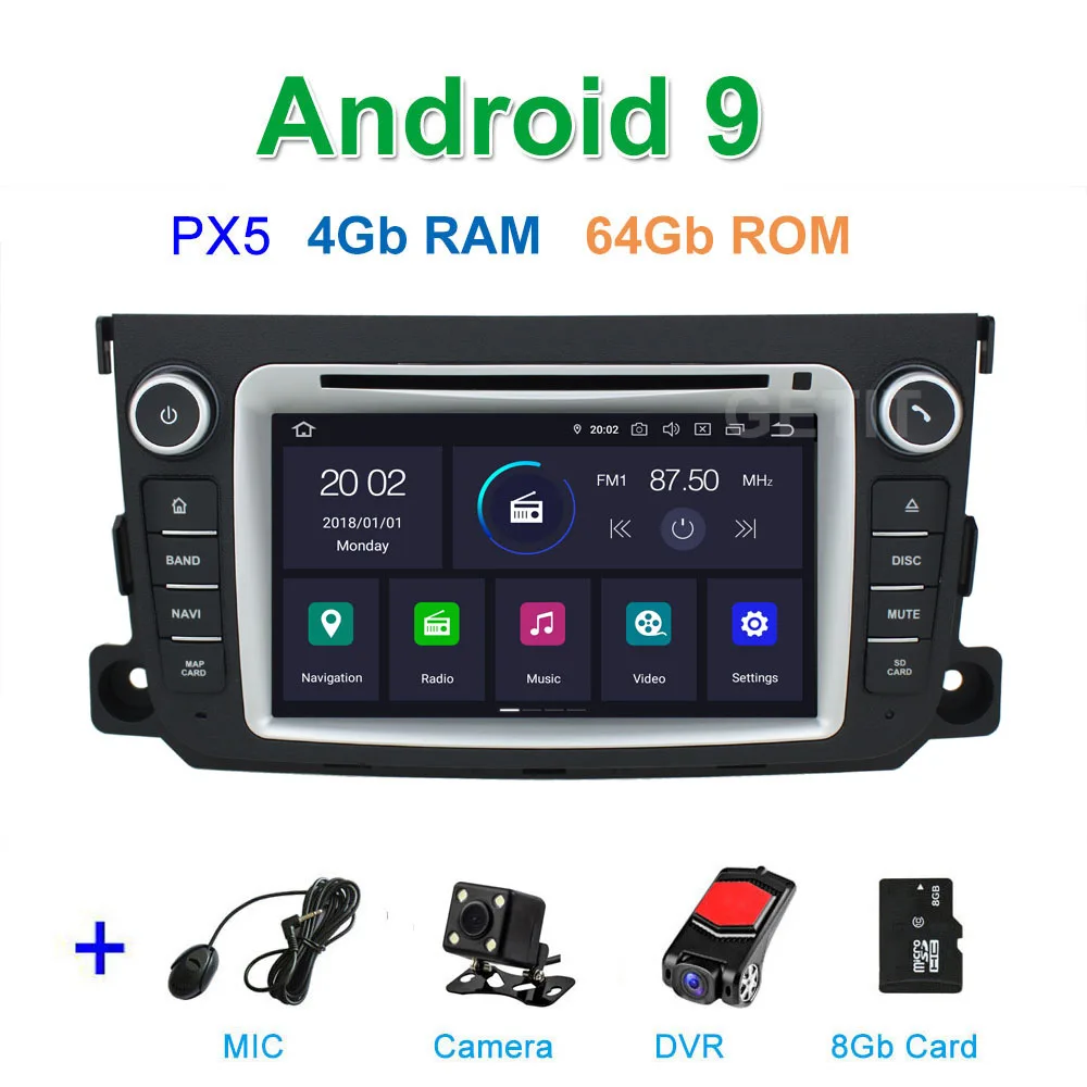 DSP 64G PX6 Android 9 Автомобильный DVD стерео плеер gps для Mercedes/Benz Smart Fortwo 2011- с радио BT WiFi - Цвет: PX5 4G CAM DVR SD