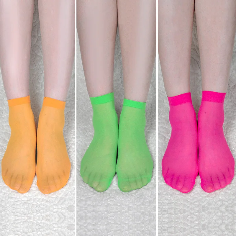 3pairs Зеленые, оранжевые, Неоновые носки для женщин, летние, Шелковый носок, сексуальные, прозрачные, короткие носки, вечерние, Клубные, эластичные, тонкие носки - Цвет: 3pairs