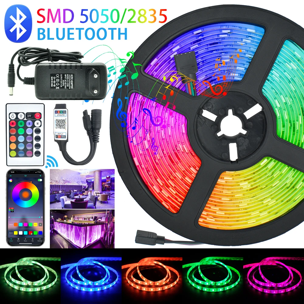 

LED Strips Lights Bluetooth Luces Led RGB 5050 SMD 2835 Flexible Waterproof Tape Diode 5M 10M 15M DC 12V Remote Control+Adapter