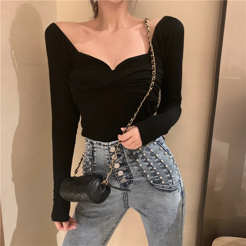 

Korean Ins Sexy Club Slim Bandage Crop Top Square Long Sleeve T-Shirts New Autumn Fashion Women's Clothing Solid Tees Hipster