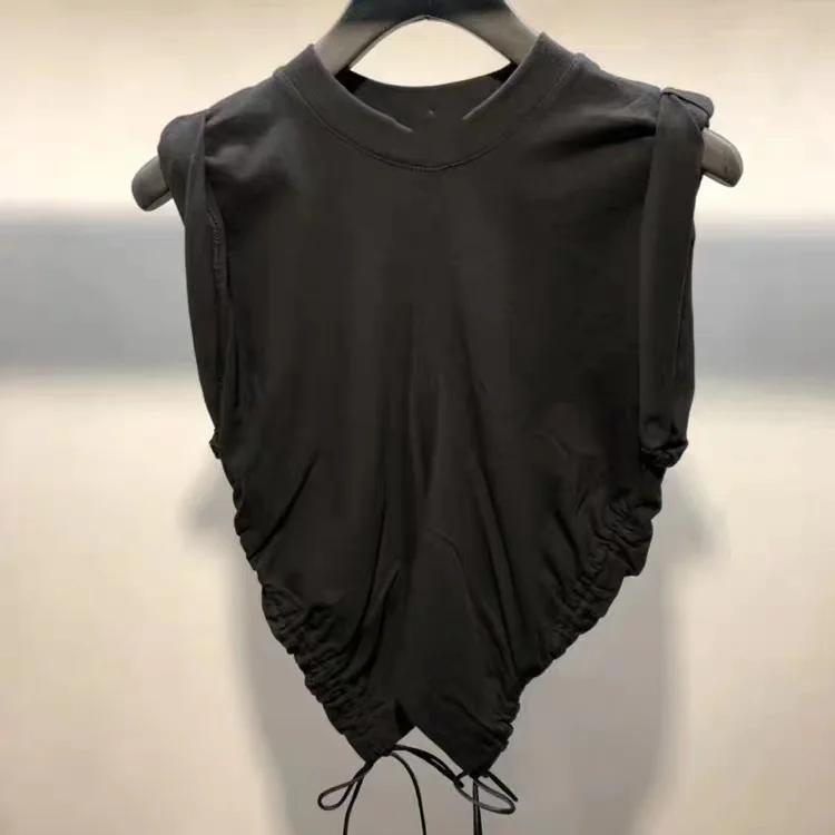 

[DEAT] New O-neck Collar Cotton Sleeveless Drawstring T-shirt For Women Solid White Top Female Korea Fashion 2021 Summer GX1189