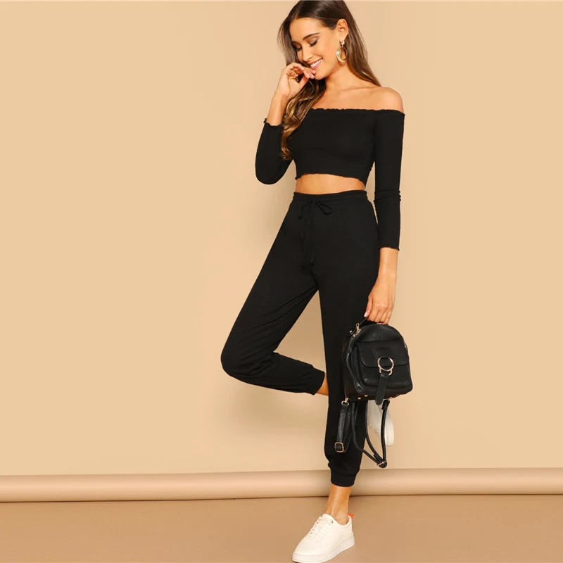SHEIN Модный Топ С Открытыми Плечами И Спортивные Брюки Женский Спортивный Костюм