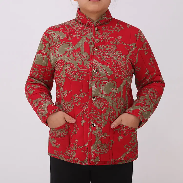 

Middle aged and elderly women's camel hair cotton close fitting small cotton padded jacket with fat and extra floral mother's