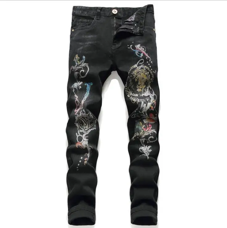 Original design jeans men's trousers брюки 	pantalones de mezclilla digital printing Guanyin straight micro-elastic pants