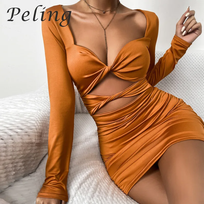 

Peling Fashion Autumn and Winter Women Dress Long Sleeves Short Mini Dress Deep V-Neck Hollow Out Pleated Sexy Dress Vestidos