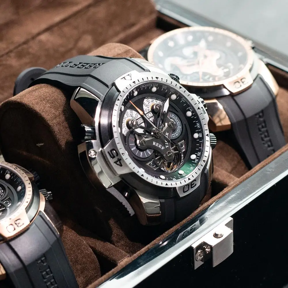 Мужские военные часы Reef Tiger/RT с календарём на год месяце неделю стальным сложным