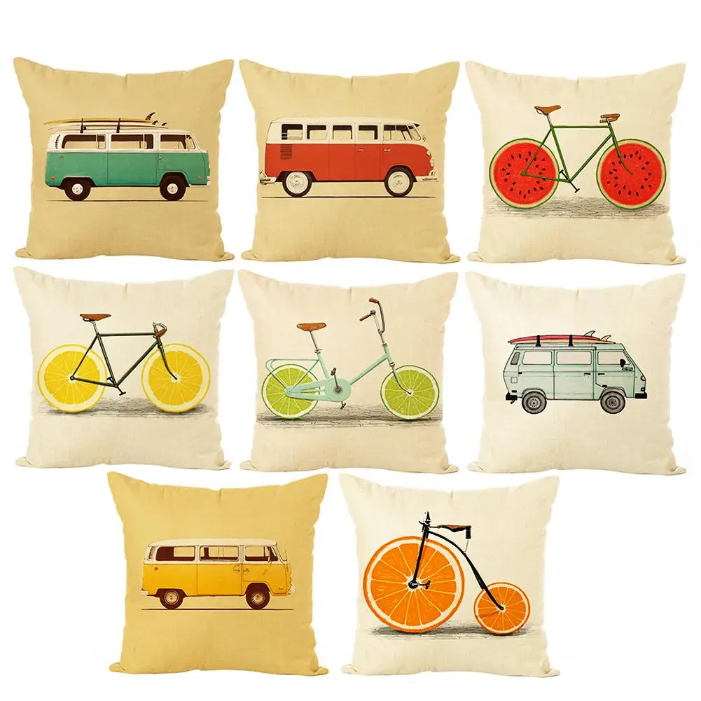 Льняной материал печать фрукты велосипед/автобус печатных наволочка чехол