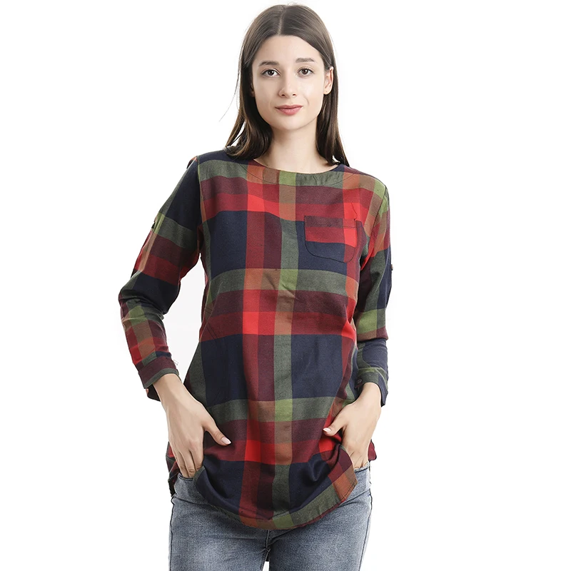 

GAOKE 2021 Plus Size O-neck Plaid Printed Blouse Shirt Women Autumn Long Sleeve Loose Tops Elegant Ladies Office Blouses S-5XL
