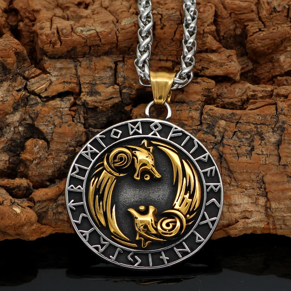 Скандинавский Викинг Stainlesss Steel Geri и Freki Wolf ожерелье с дизайном Руна подарочной