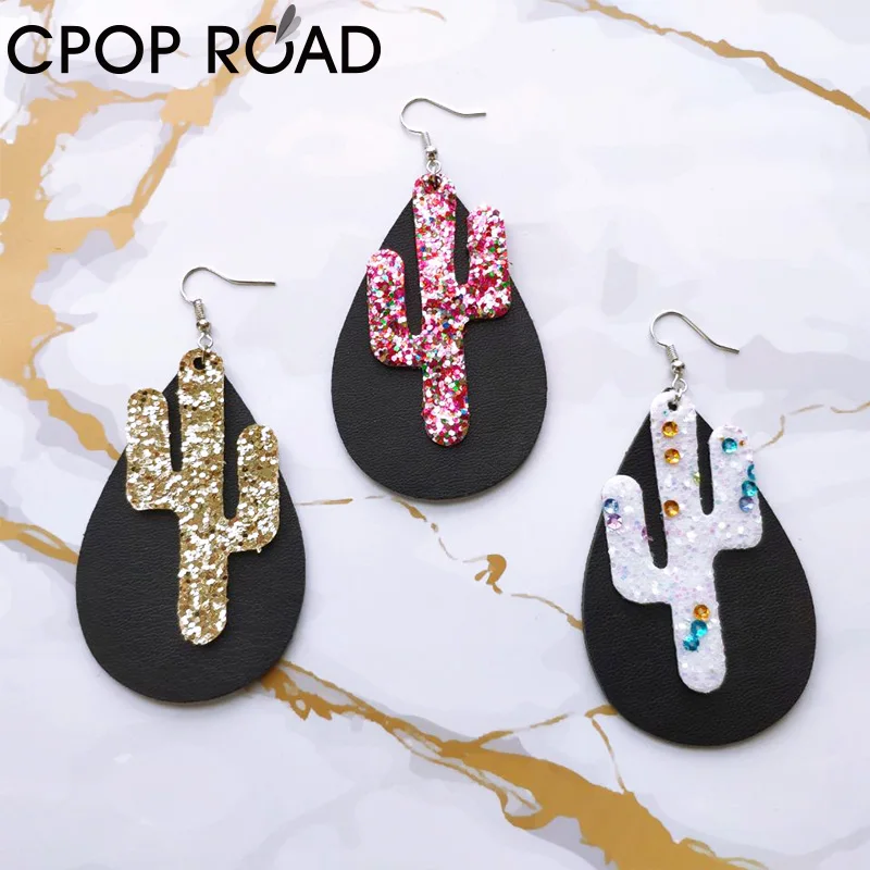 Cpop блестящие серьги из искусственной кожи С КАКТУСОМ для женщин двухсторонние