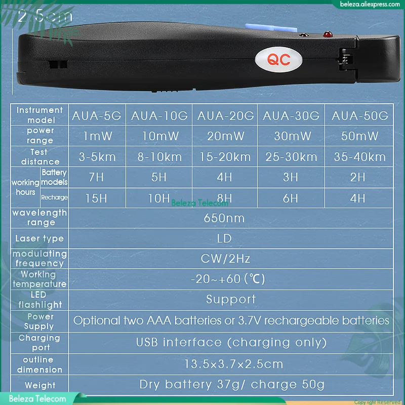 AUA high-quality VFL 40km/30km/20km/10km/5KM Red light source fiber tester pen visual fault locator compliant st fc sc Connector images - 6