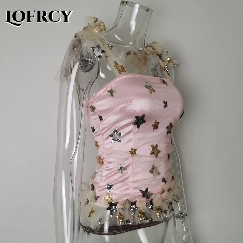 

Lofrcy/милый топ со звездами и блестками, короткий пуловер без рукавов с квадратным вырезом, рубашка с завязками на плечах и оборками