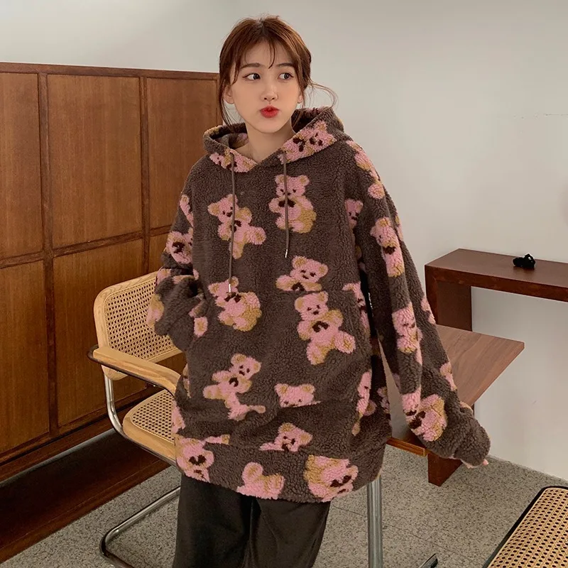 

KOSAHIKI 2021 Spring Japanese Kawaii Cartoon Bear Hooded Pullovers Women Korean Sweet Sweatshirts Loose Casual Hoodies 11a140