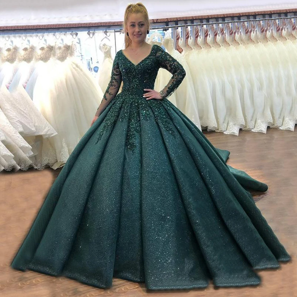 

Sparkly Fashionable Dark Green Plus Size Ball Gown Quinceanera Dresses V Neck Princess Beadings Crystals Sweet 16 Ruffles