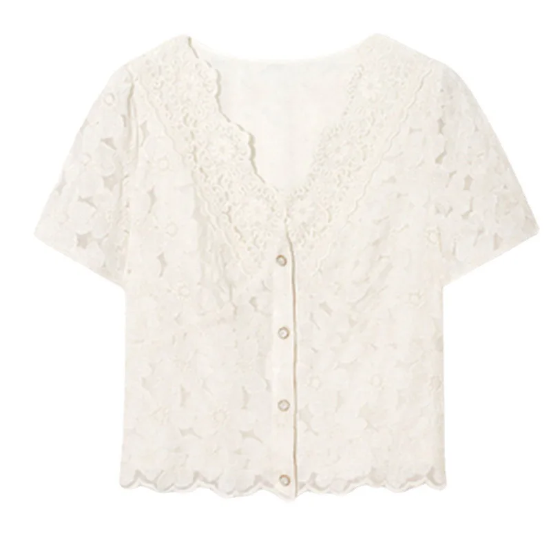 

2021 summer new splicing short-sleeved shirt French lace trendy fashion temperament top women
