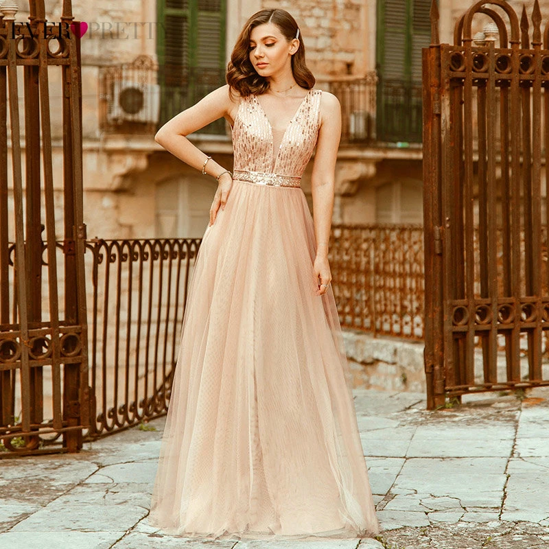 

Elegant Rose Gold Evening Dresses Ever Pretty EP00715RG Sequined A-Line Deep V-Neck Tulle Sparkle Party Gowns Lange Jurken 2021