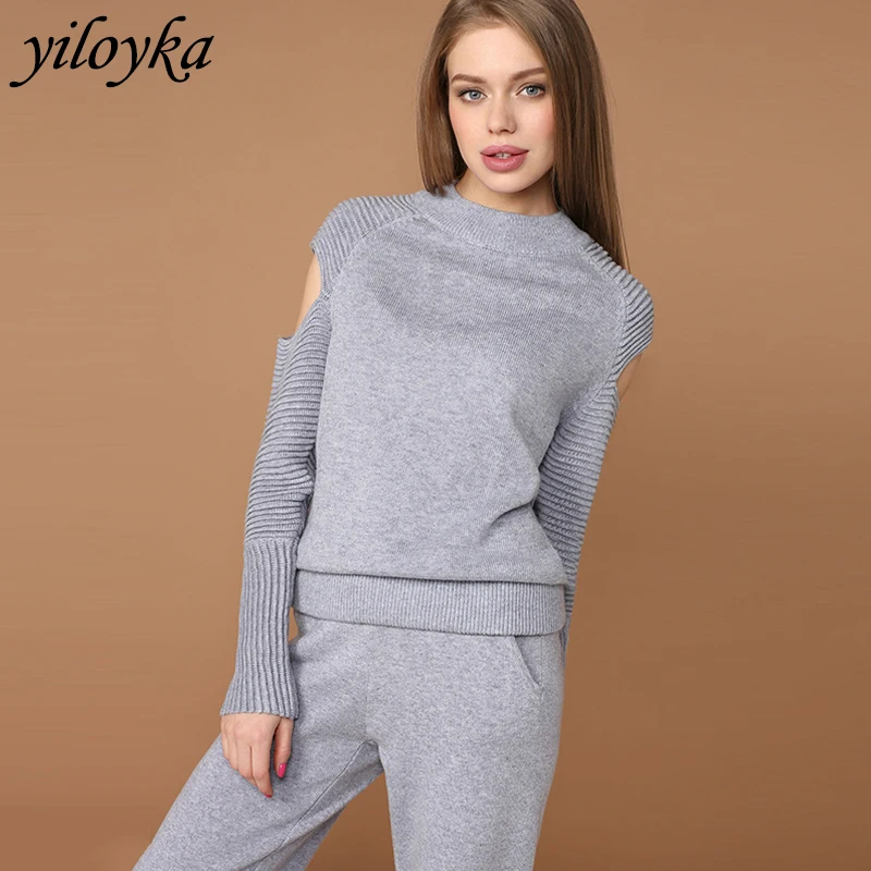 Женский вязаный костюм Модный повседневный спортивный из 2 предметов однотонный