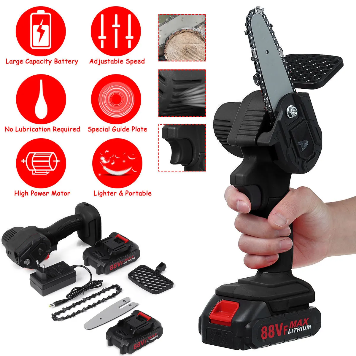 

Doersupp 3000W 4 Inch 88VF Mini Electric Chain Saw 2Pcs Battery Woodworking Pruning One-handed Garden Tool Rechargeable EU Plug