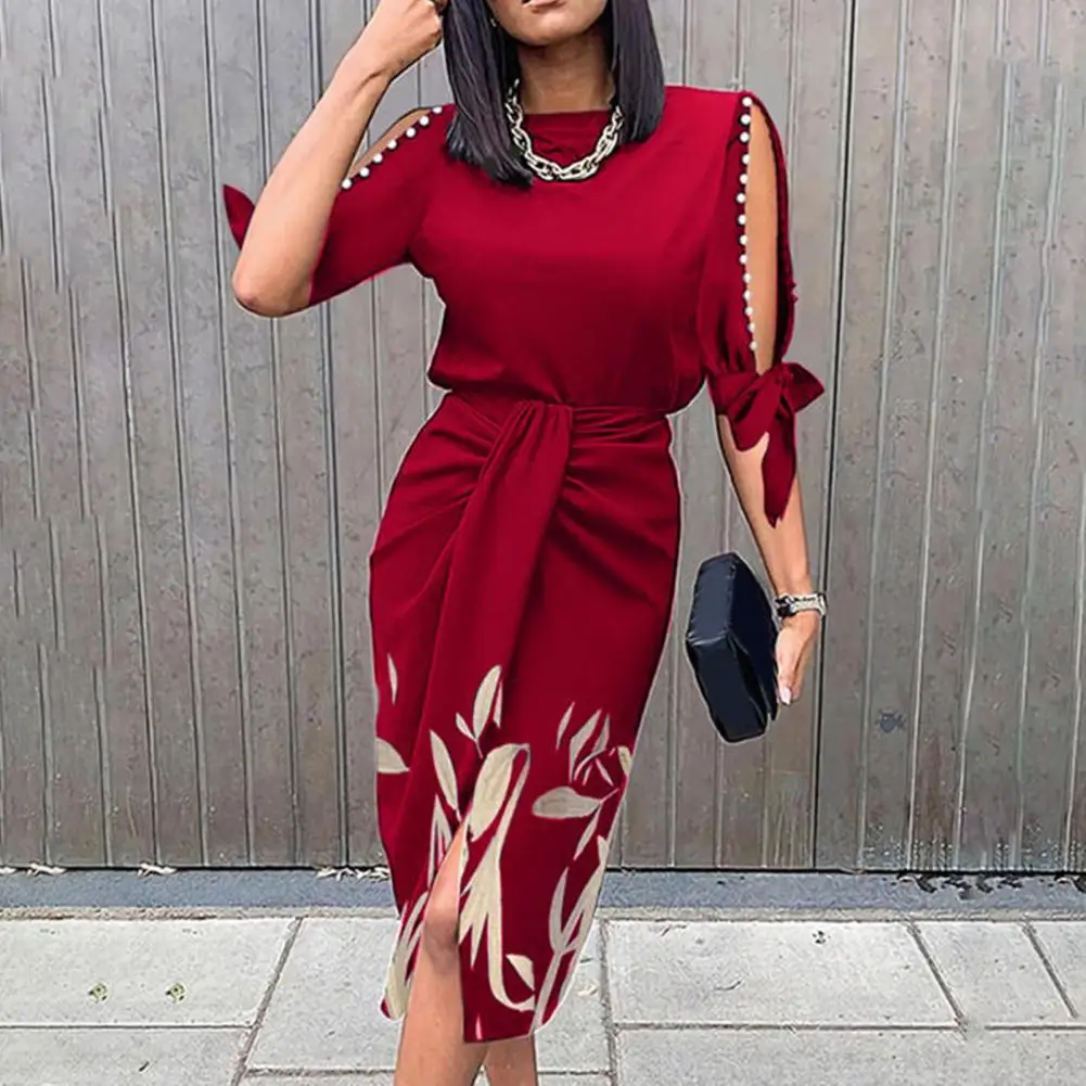 

Women Dress O Neck High Waist Dress Hollow Out Bowknot Autumn Dress for women's clothing dresses autumn