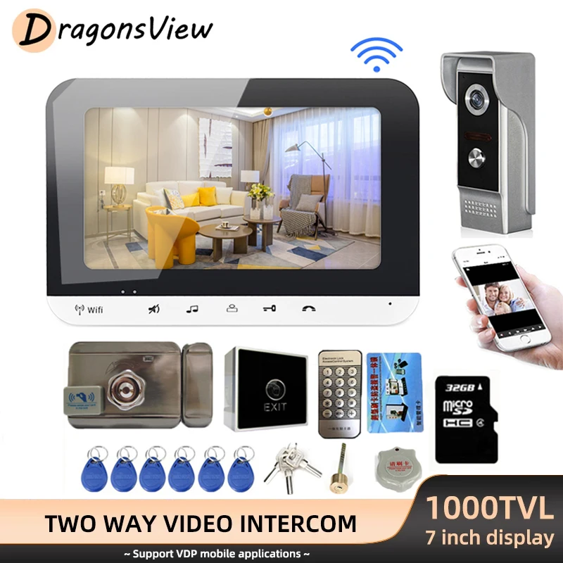 DragonsView Home Wifi Intercom Video Door Phone with Electric Lock Wireless 1000TVL Doorbell Camera Record Remote Unlock IP65