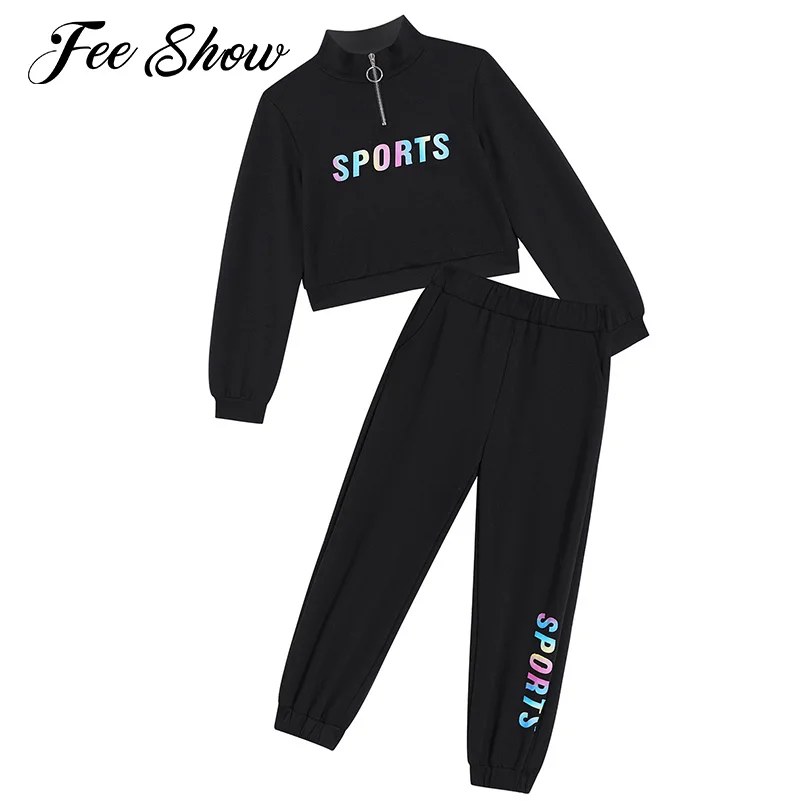 

Спортивный костюм для девочек, Повседневный хлопковый комплект с длинным рукавом и буквенным принтом, детская спортивная одежда, черный цв...