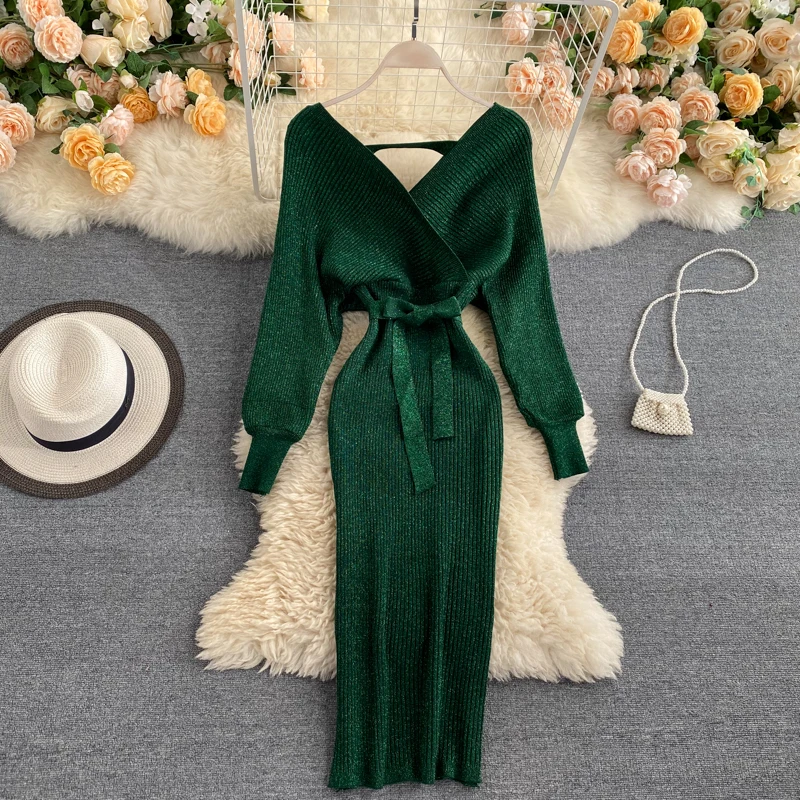 

CINESSD Ladies Autumn Slim Waist V Neck Knitted Dress Sexy Shoulder Cross Elegant Female Long Sleeve Sweater Vestidos Solid 2021