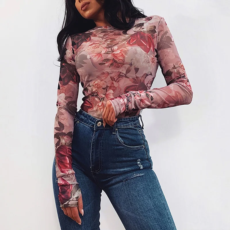 Женская Осенняя модная повседневная сетчатая рубашка с цветочным принтом и