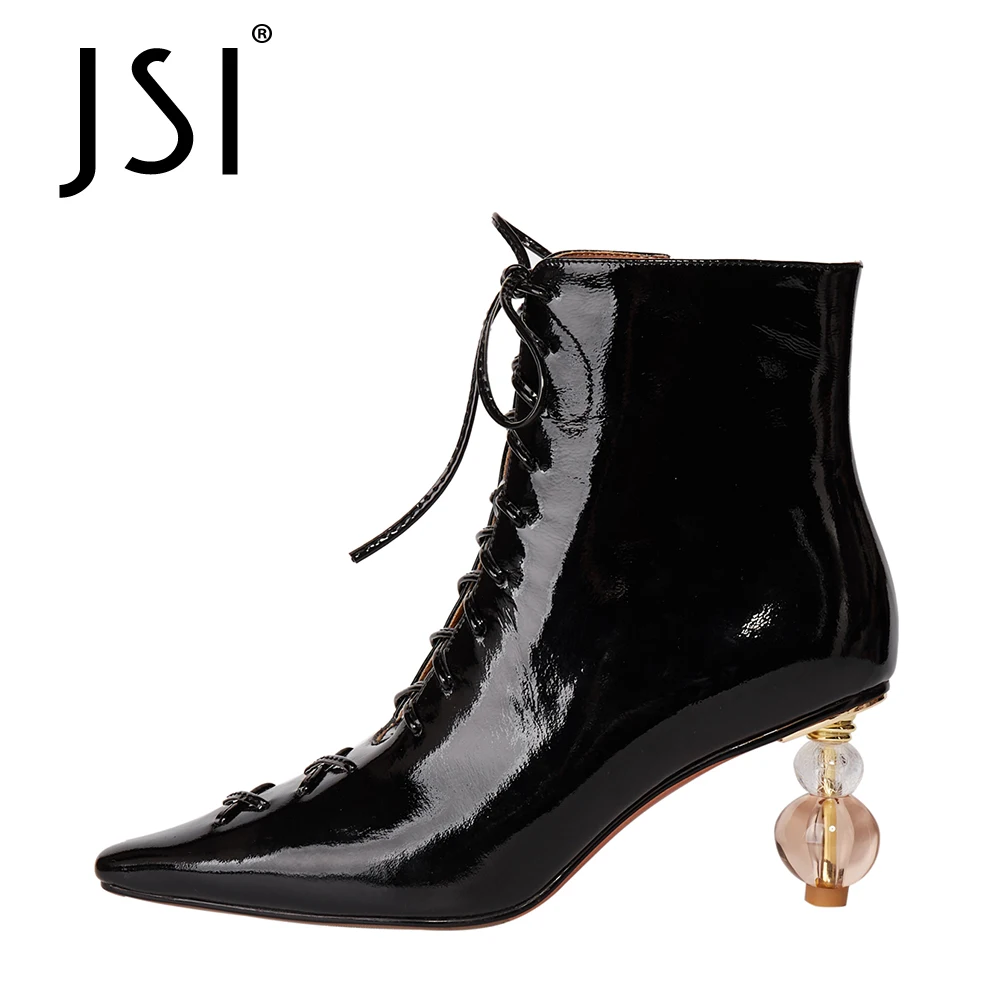 

JSI Sexy Fashion Ankle Boots Woman Genuine Leather Pointed Toe Cross-tied Ankle Boots Ladies High Strange Heel Ankle Boots JO663