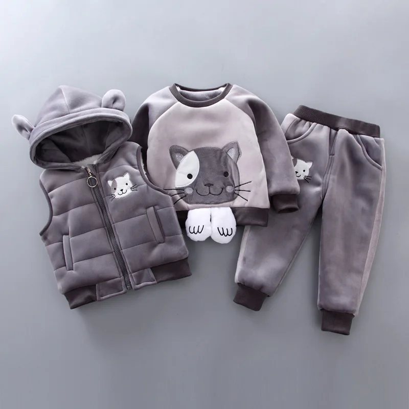 

Boys Girls Clothing Sets Cartoon Padded Cat Sweater Plus Velvet Thick Hooded Jacket + Vest + Pants Winter Suit Toddler Clothes