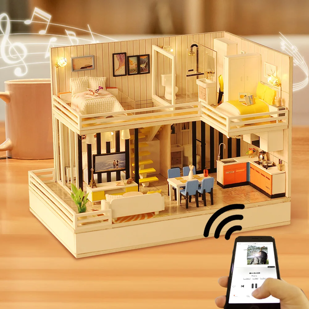 Комплект кукольного домика с Bluetooth аудио деревянный кукольный дом мебель Diy игрушки для детей лучший рождественский подарок