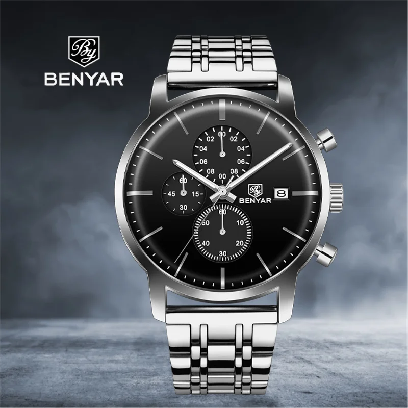 

BENYAR brand 2021 stainless steel automatic date timing stopwatch elegant style quartz men watch ас мђѬжские наѬђне
