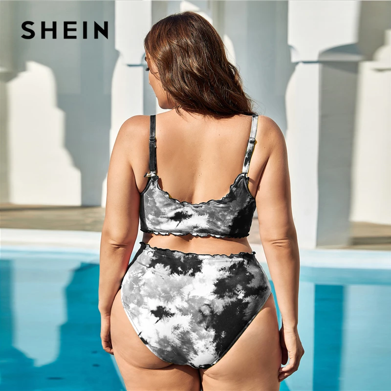 

SHEIN Plus Size Tie Dye Rib Ruched Knot Bikini Swimsuit Women 2021 Summer Spaghetti Strap High Waist Beach Boho Bikinis Set