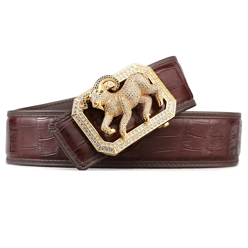 McParko Crocodile Belt Mens Leather Belts With Buckle Luxury Animal Design Genuine Leather Waist Belt with rhinestones Buckle