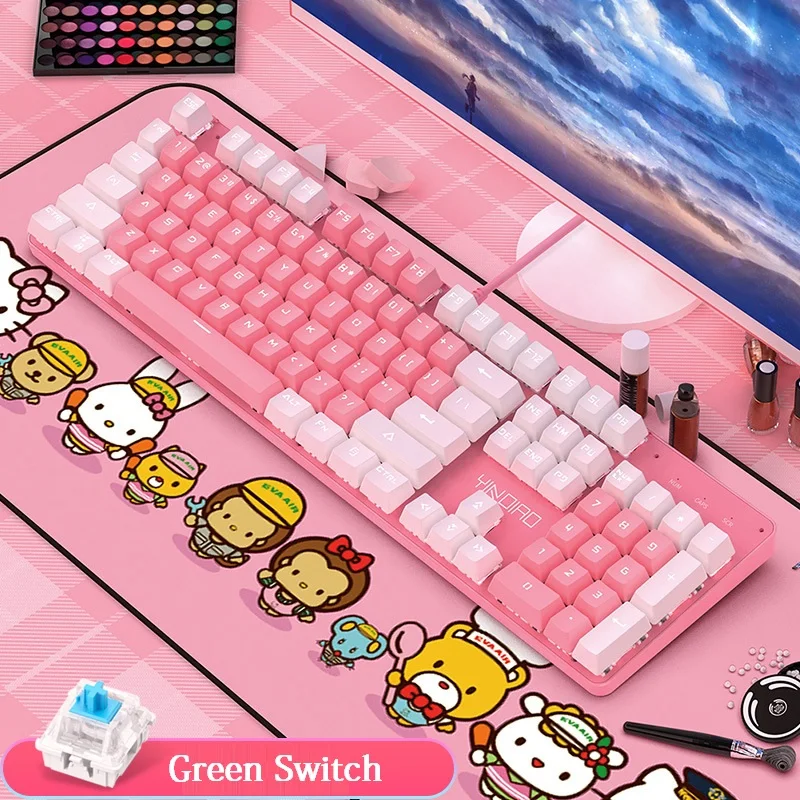 Girl Women Mechanical Keyboard with Green Axis Professional E-Sport Keyboard 104 Keycap White Backlit Gaming Free Mouse Pad