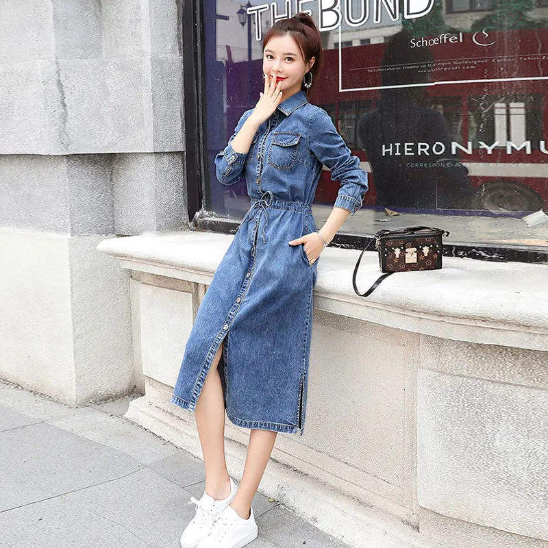 Женское джинсовое платье рубашка повседневное большого размера в Корейском