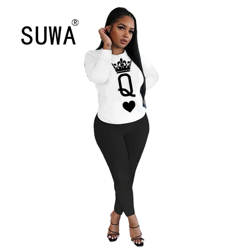 

High Street Women's Set Queen Q Long Sleeve Tee Tops Sweatpants Jogger Suit Tracksuit Matching Set Outfit 2pcs Pants Set