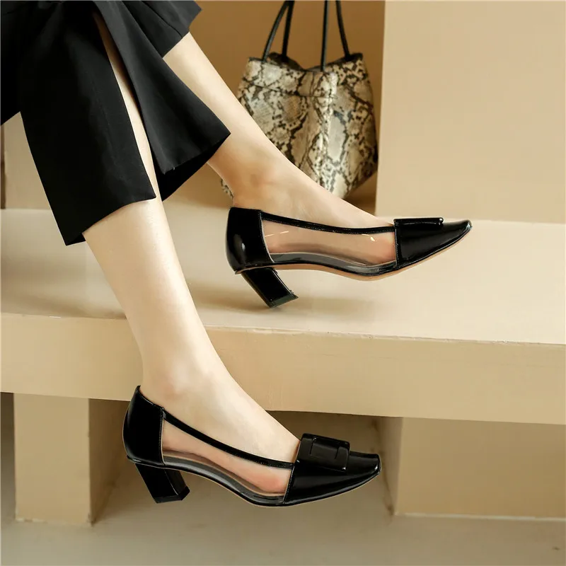 

Smirnova 2020 New arrival women pumps thick heels square toe office shoes summer shallow 5 colors shoes woman big size 33-43