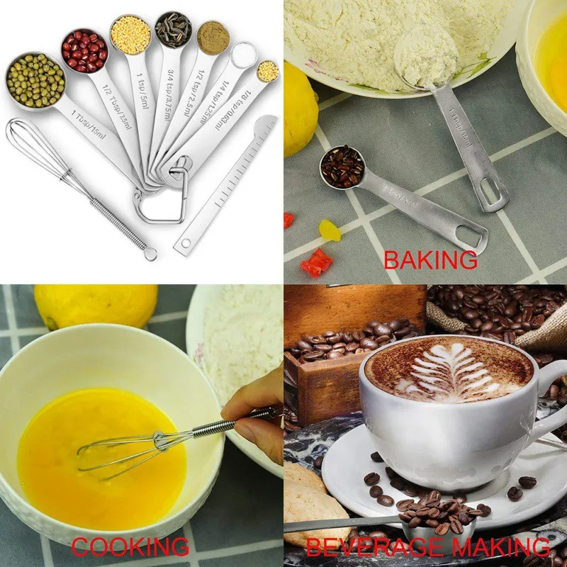 

9PCS/Set Stainless Steel Measuring Cup Measuring Spoons Scoop Scales Beaker Cooking Teaspoons Sugar Measuring Kitchen Tools Set