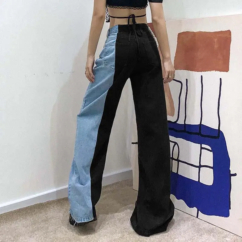 

Patchwork Jeans Winter Fashion 2020 Splice Jeans Women Cotton Streetwear Loose Casual Wide Leg Pants Contrast Trousers