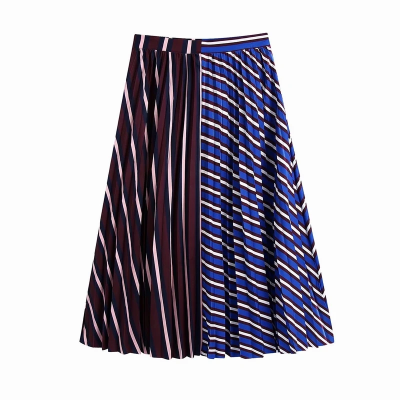 

Women Pleated Midi Skirt Spring 2022 New Fashion Stripe Patchwork Modern Lady Casual Bottom Clothing