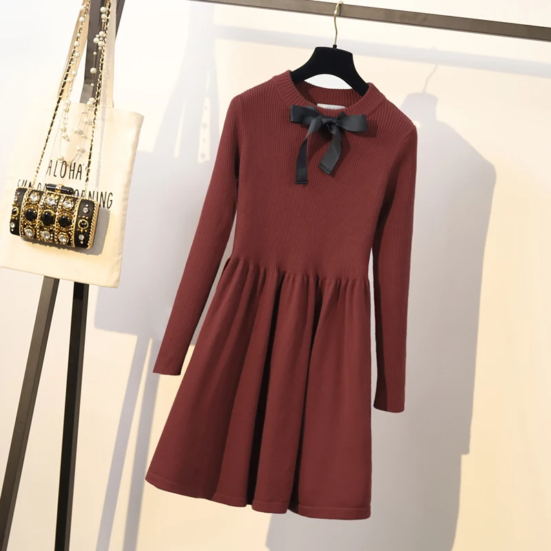 Женское осенне-зимнее платье большого размера с длинным рукавом и бантом |