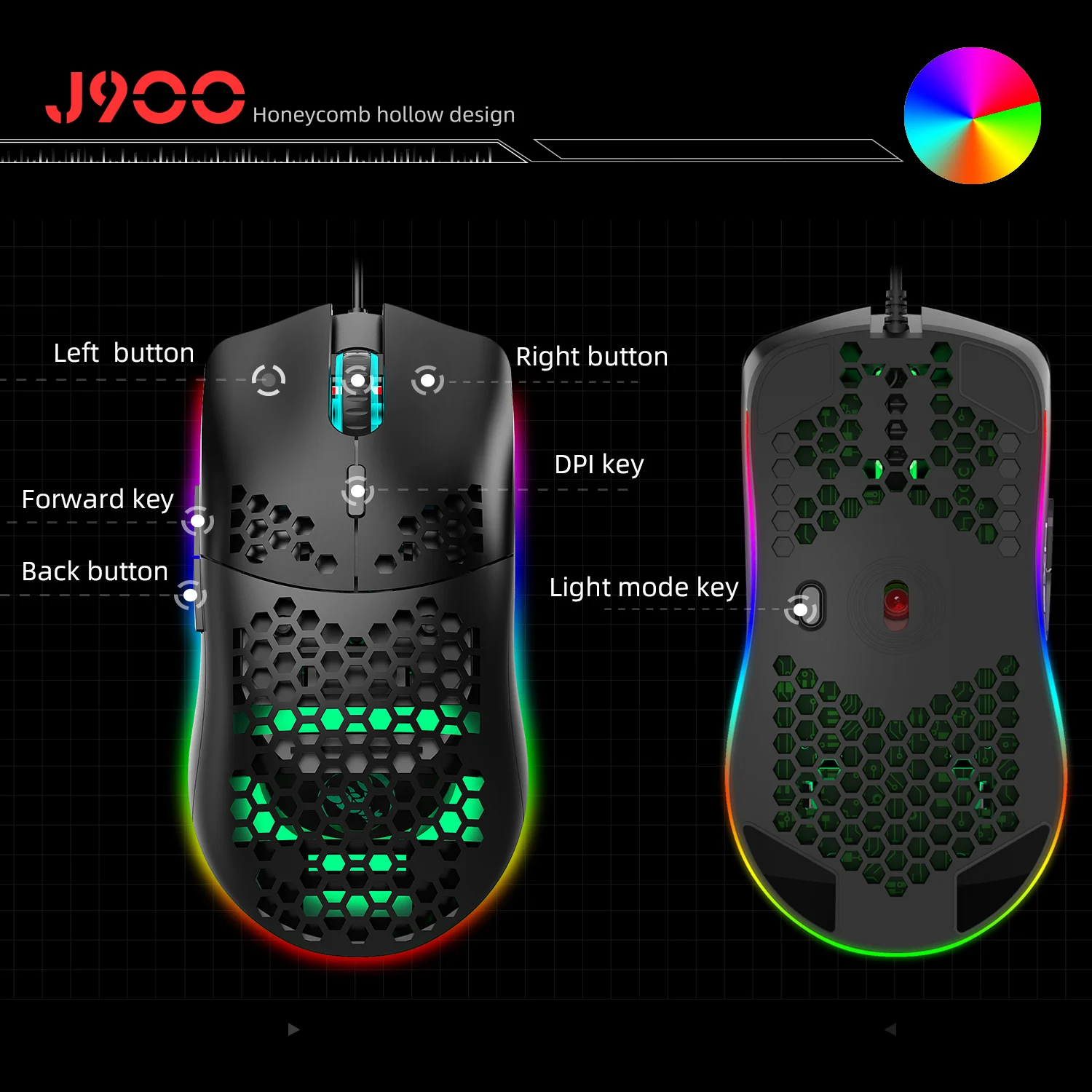 hxsj j900 usb wired gaming mouse rgb gamer mouses adjustable 6400 dpi honeycomb programmable ergonomic mice for desktop laptop free global shipping