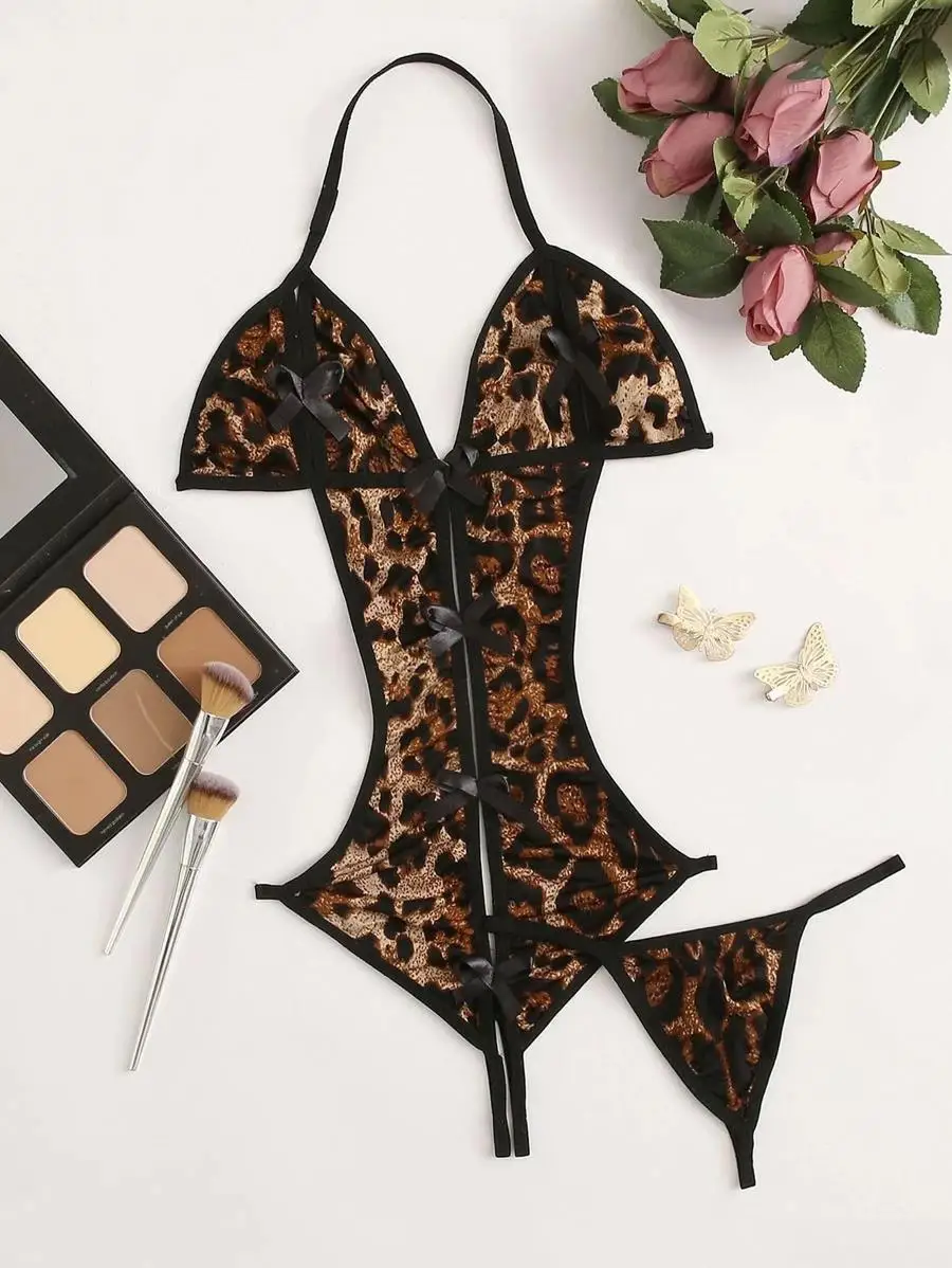 

Leopard Halter Crotchless Teddy Bodysuit & Thong