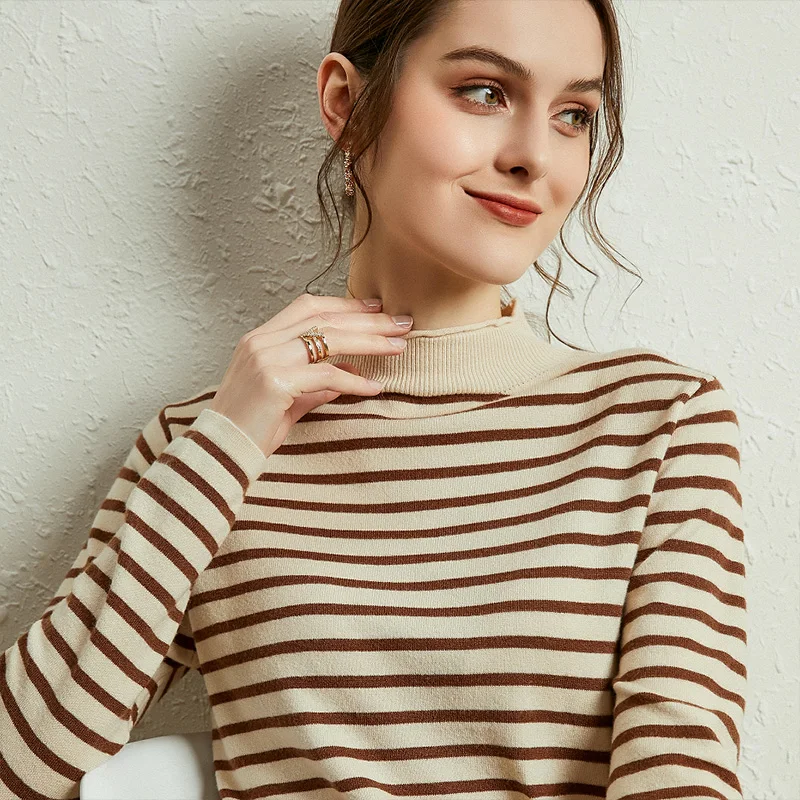 

Half high collar stripe Cashmere Sweater Women Jumper 2020 Autumn Winter Knitted Pullover Clothes Pull Femme Hiver Warm Sweater