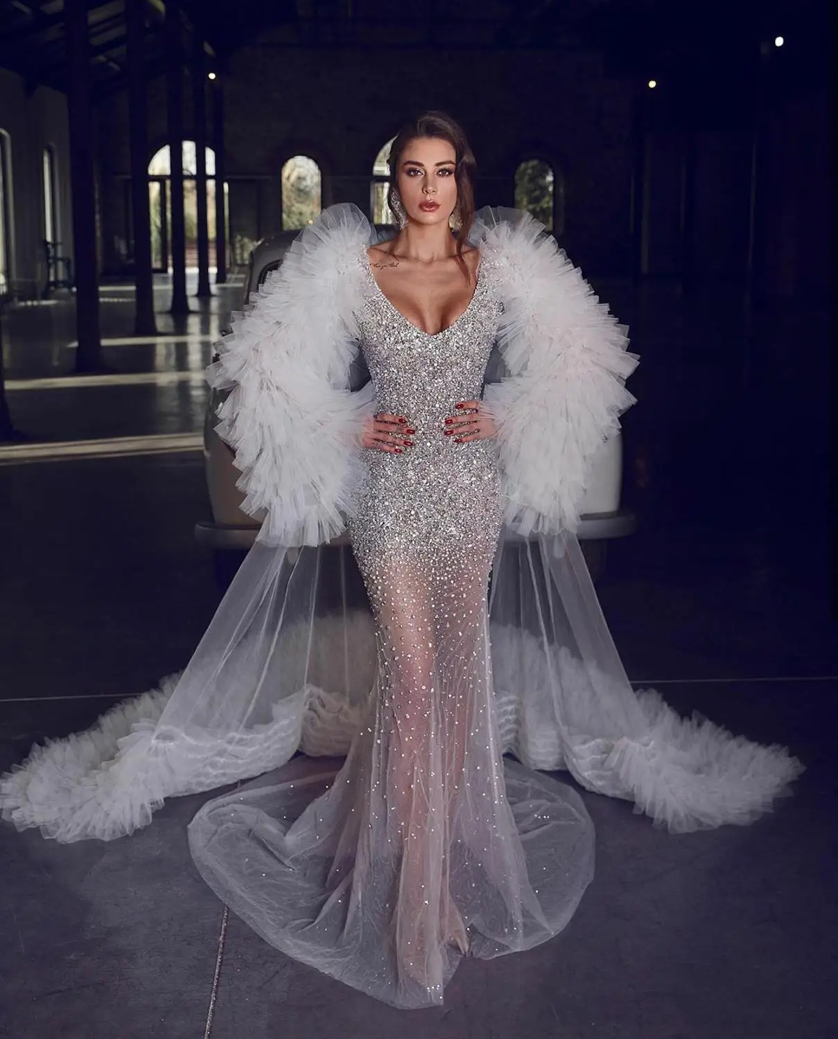 2020 Crystal Mermaid Wedding Dresses With Long Ruffle Wrap V  Neck Sexy Transparent Bridal Gowns Sequined vestido de novia