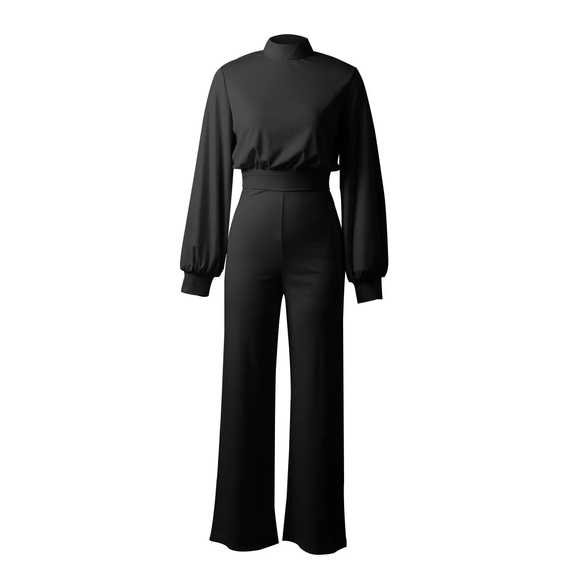 

Women Backless Solid Color Jumpsuit Lantern Sleeve Button Shirt Overalls High Waist Streetwear Office Lady One Piece Romper Belt